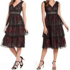 Anthropologie BHLDN Harcourt Burgundy/ Black Tiered Tulle Midi Dress 6 NEW