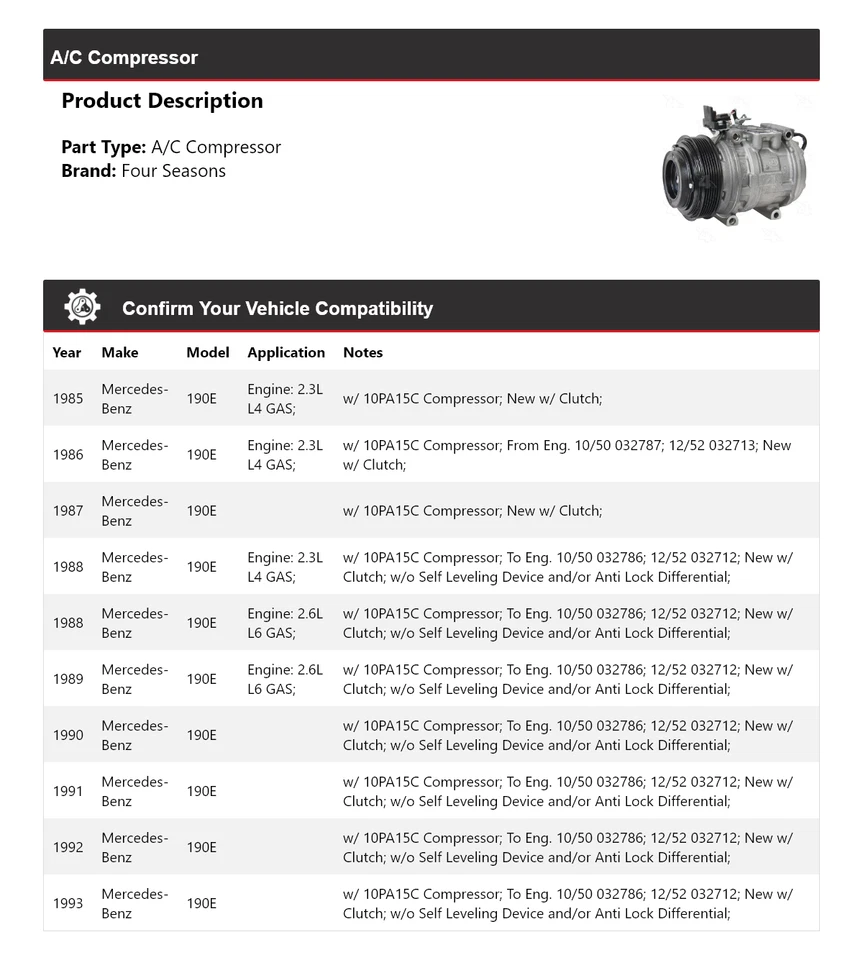 Compresor de aire acondicionado para Mercedes-Benz 190E 1985-1993 4 estaciones 1986 1987 1988 1989 Foto 2 de 4
