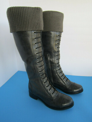 Cole Haan Air Whitley Charcoal Leather Tall Flat Lace Up Knit Cuff Boot Sz 5B