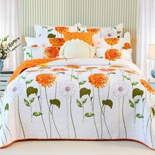 100 Cotton Quilt Queen Size Orange Sunflower Bedding Set Floral Lightweight