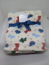 Plush Super Soft Baby Blanket DINOSAURS Colors Blue/Rust/Green/Off White30"x 40"