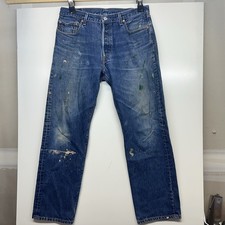 Levi's 501 Jeans Mens 36x32 Blue Straight Leg Button Fly Denim Paint Distressed