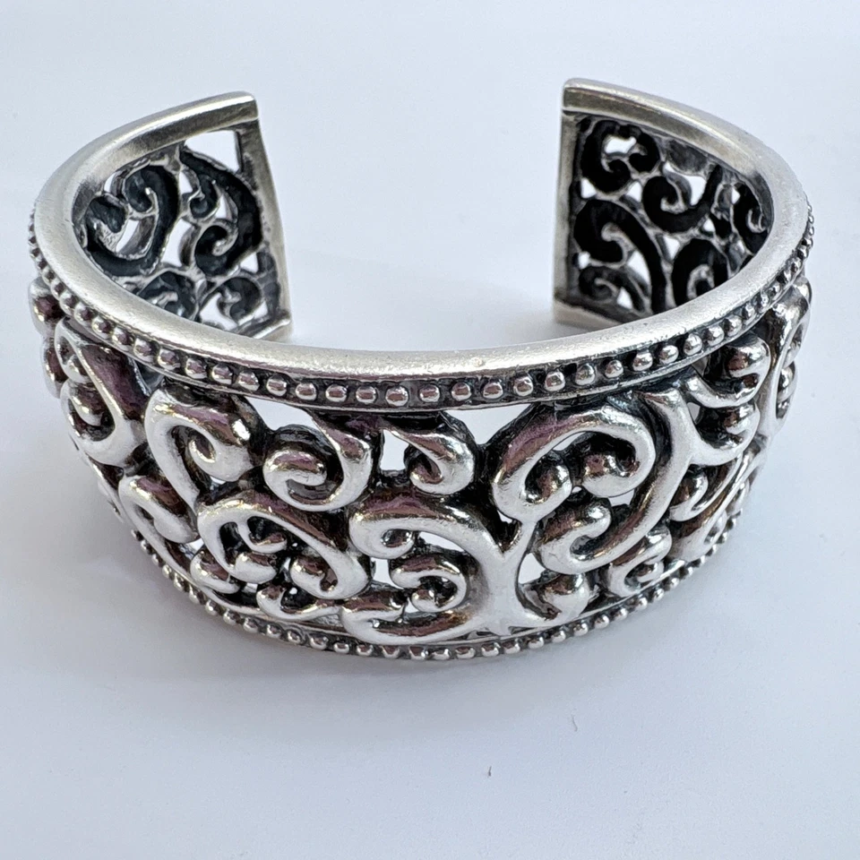 Sterling Silver 925 Openwork Scroll Design Beaded Border Cuff Bracelet 7.5" Fit - Image 2 of 4