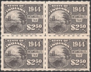 SRS IN D98 $2.50 Indiana Intangible Tax Revenue Block of Four (1944) MNH*
