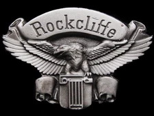 JB01157 VINTAGE 1970s **ROCKCLIFFE COMPANY** EAGLE LOGO PEWTER BELT BUCKLE