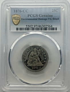 1876 CC Seated Liberty 25C PCGS Genuine Environmental Damage VG Detail