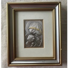Madonna & Child Icon .925 Sterling Silver Art wall picture Gold Frame 7” Warsaw 