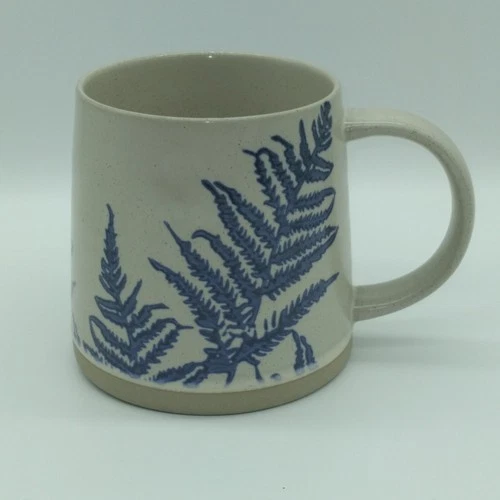 Large Gray Pottery Mug Blue Fern