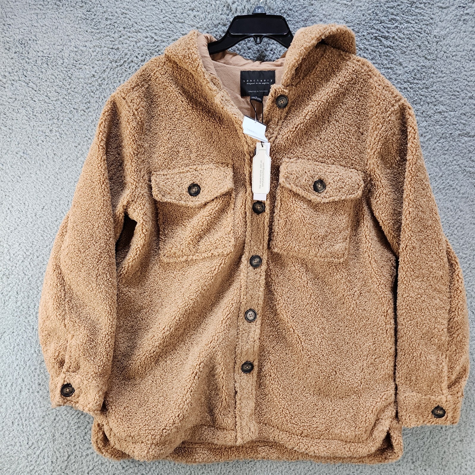 Sanctuary Harlow Sherpa Hoodie Shacket Womenu0026#039;s M Tan Full Buttoned  Long Sleeves | eBay