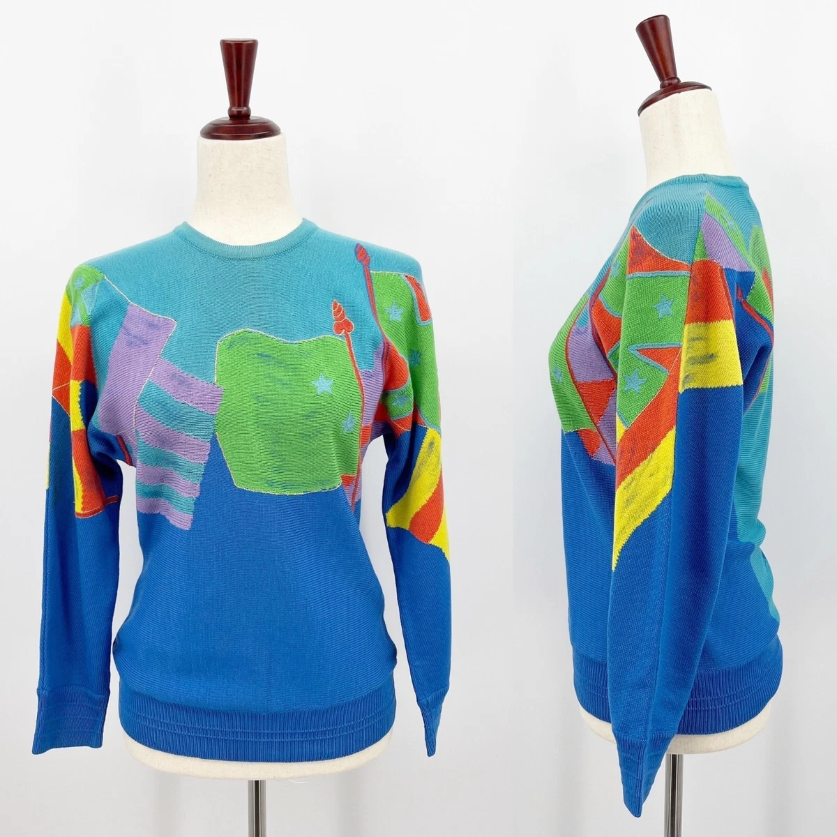 Gianni Versace Vintage 90s Women's 0 Virgin Wool Flag Design Color Block Sweater