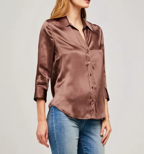 Camisa Blusa Top L'Agence Cuello en V Seda Color Sólido Manga Larga - Imagen 21 de 29