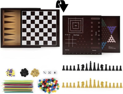 10 Spiele Set Familie Holz Schach Backgammon Mancala Draught von Spin Master