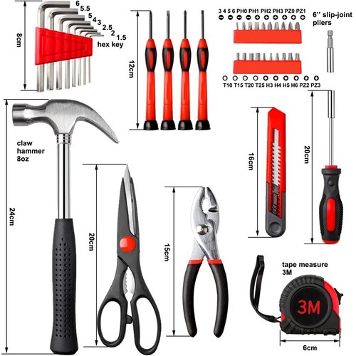 39Pcs Hand Tool Set Household Repair Tool Kit Hammer Plier Bits Hexkey Knife - Picture 2 of 8
