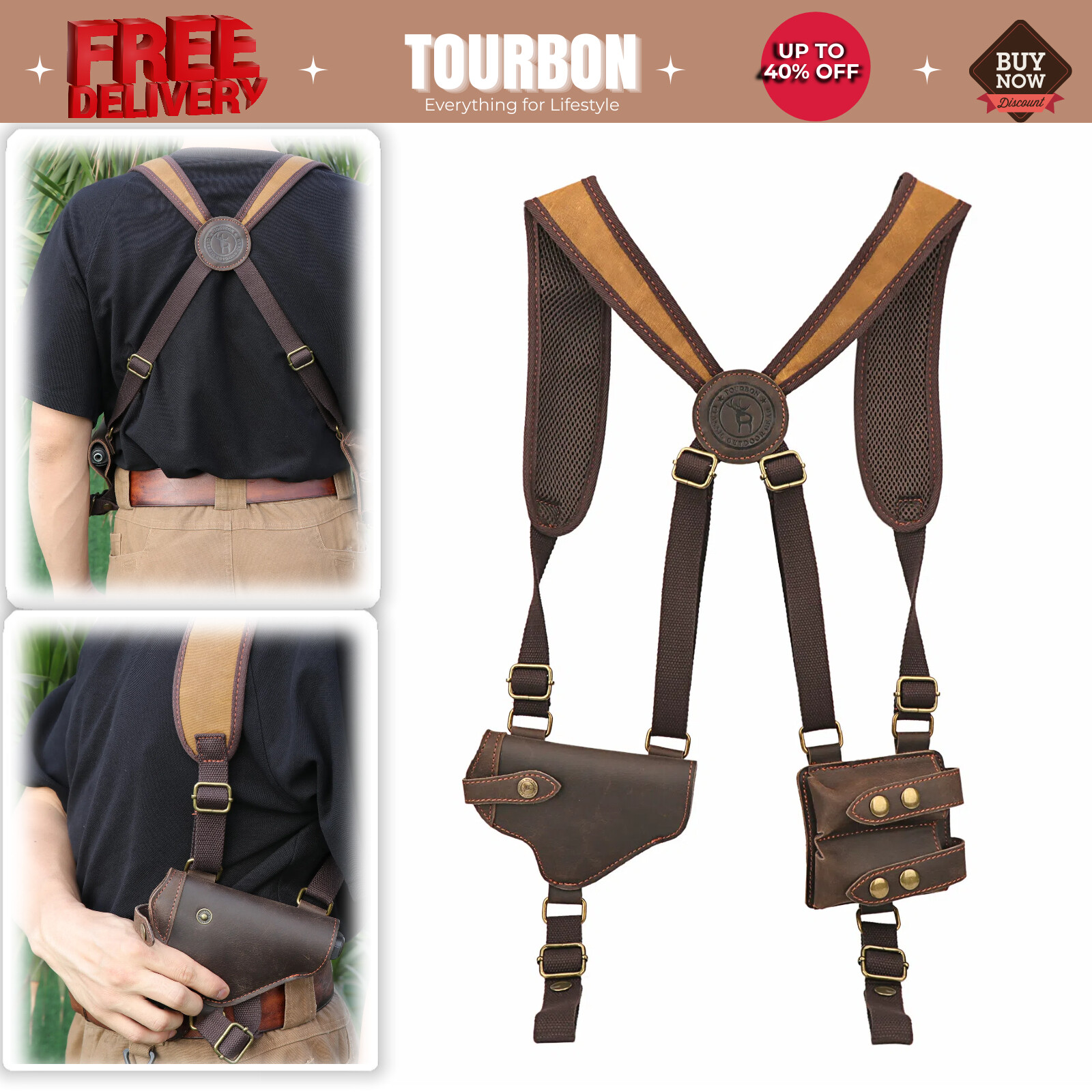 Tourbon Pistol Shoulder Holster Double Mag Pouch Handgun Bag Wear Case HA1333CA-image
