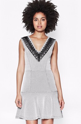 French Connection ~White Texture Knit Black Lace Double V Party Dress 2 NEW $188