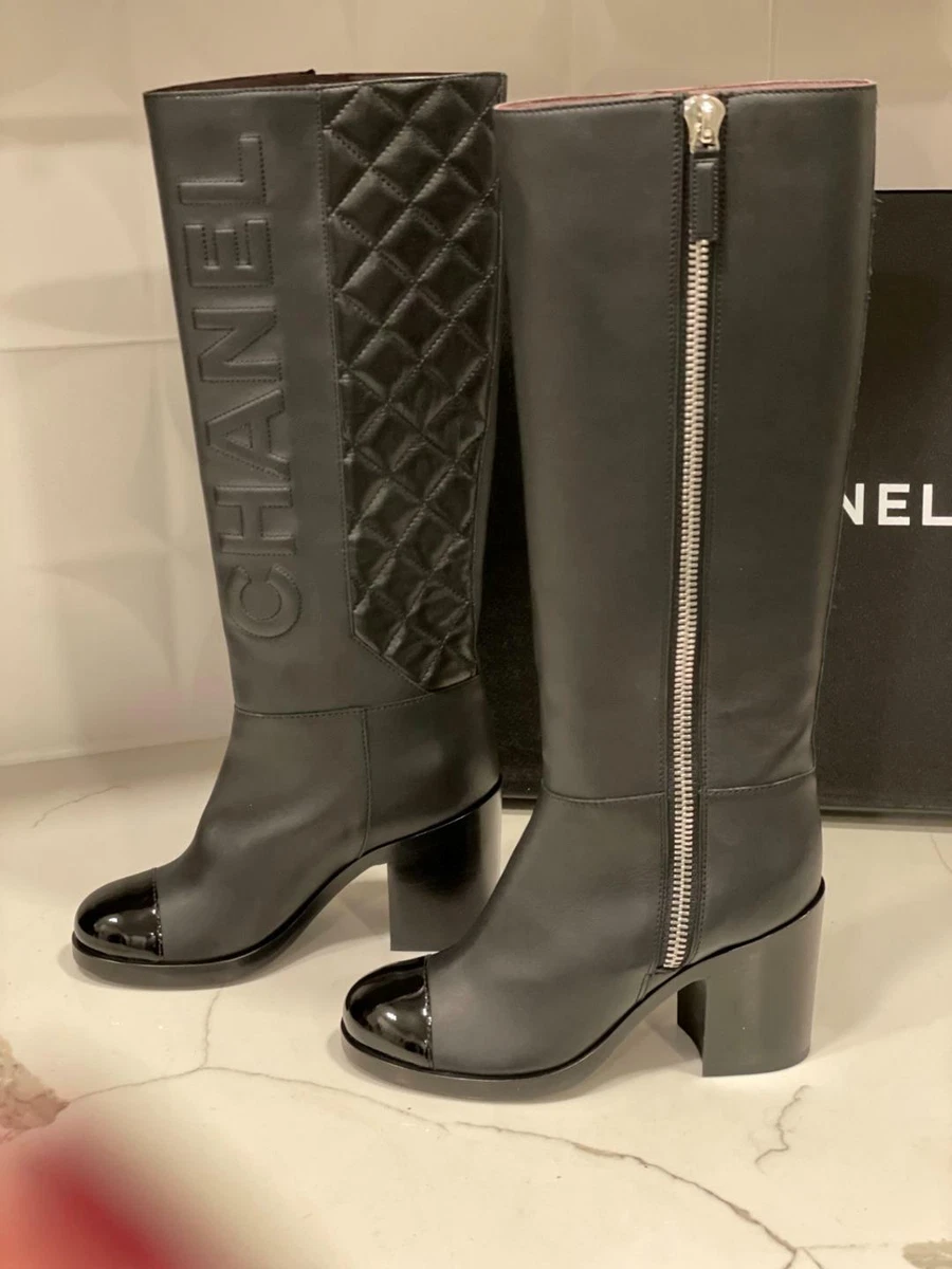 CHANEL 19B Calfskin Leather Signature Logo Knee High Tall Boots Heels Blck 2150
