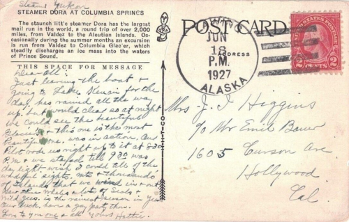 1927 Lawing, Alaska 4-bar Cancel on Steam Ship Dora at a Glacier Postcard -- DPO - Picture 1 of 2