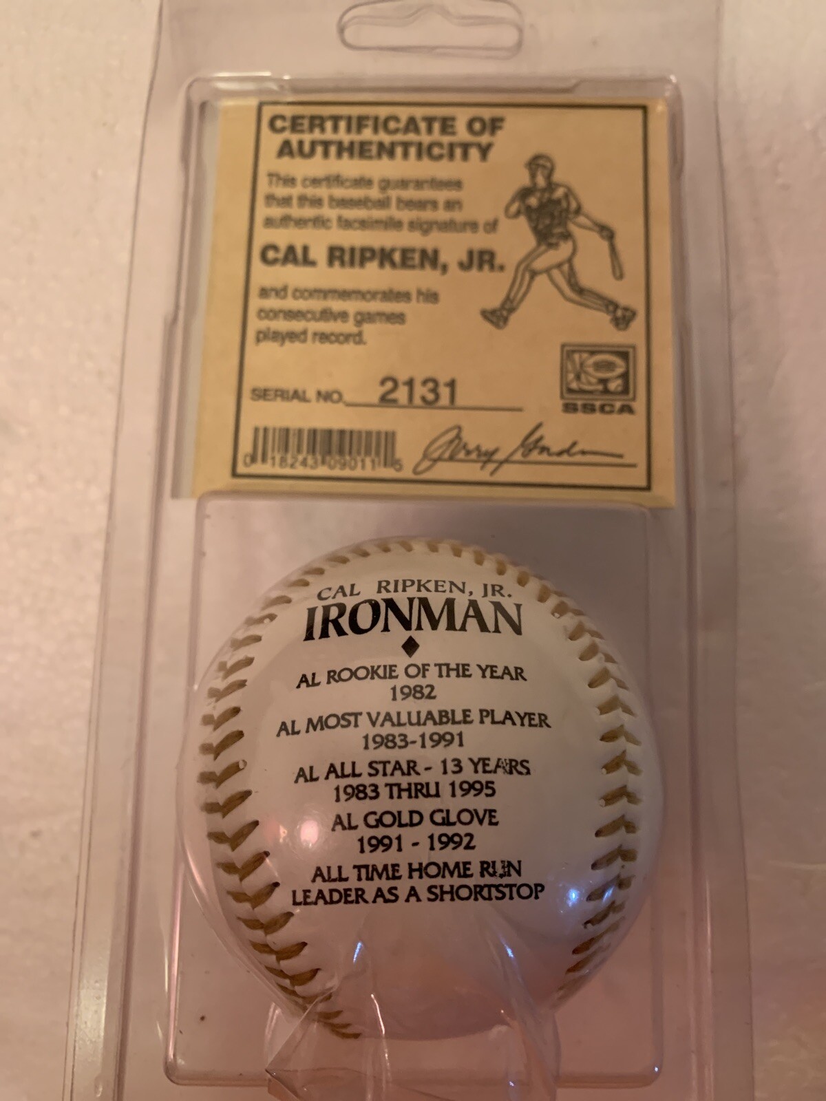 Cal Ripken Jr Ironman Commemorative Baseball New Certificate Of