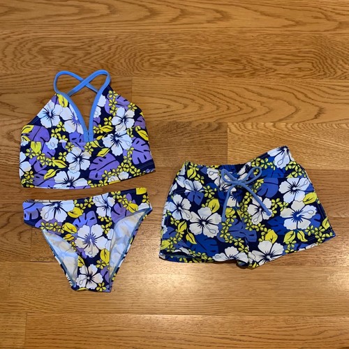 3pc Xhilaration Hawaiian Tropical Floral Swim Bikini Set + Shorts Vtg Girls XS S