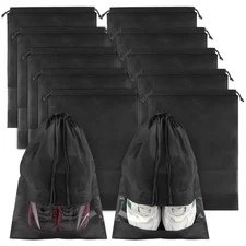 10 PCS Large Black Travel Shoe Bags with Clear Window Non-Woven Drawstring