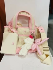 MADDEN GIRL Pink Mini Bow Tote Bag Purse Canvas Charms Teddy Bear Viral NWT