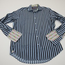 Robert Graham Shirt Mens L Blue Striped Cotton French Cuff Button Up Embroidered