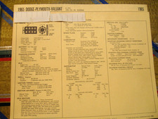 1965 Dodge Ply Valiant. 6 Cyl 170 Cu. Standardsadjustment Card 1965 Dodge Ply Valiant. 6 Cyl 170 Cu. Standardsadjustment Card