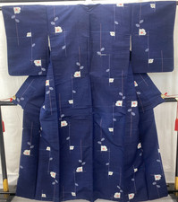 Japanese Vintage Kimono Silk Navy Tumugi Komon Traditional Authentic Length 62in