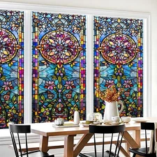 Stained Glass Window Film Privacy Decorative – Colorful Leaf Frosted Static C...