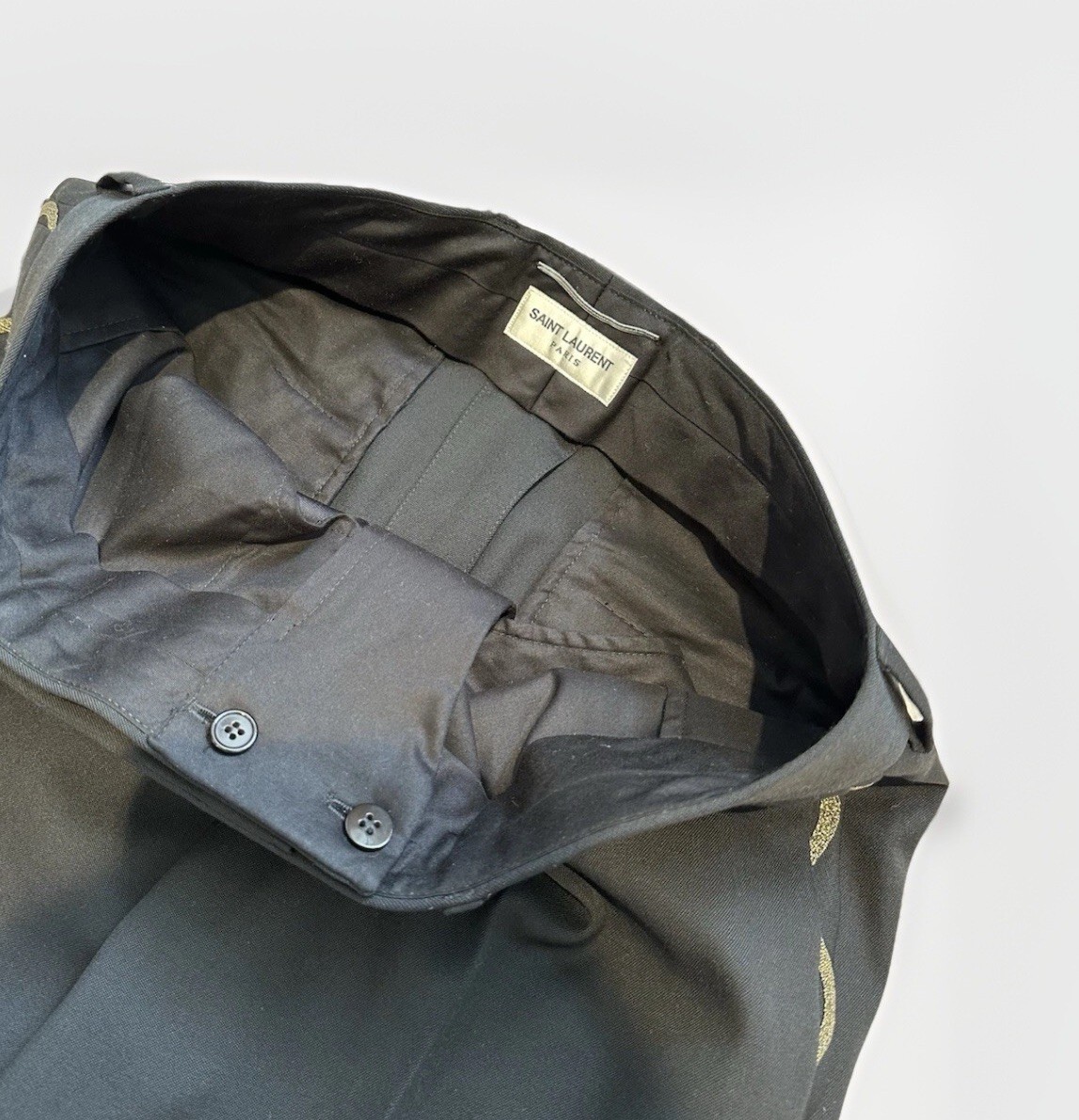 Pantalone sartoriale Saint Laurent ricamo oro nero lana 48