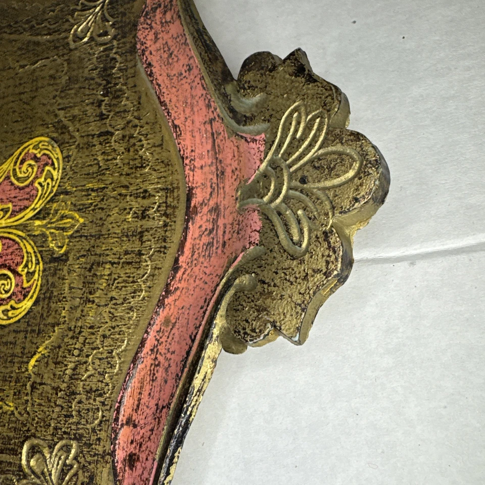Bandeja de madera vintage tradicional florentina Italia pintada a mano de oro rosa rosa Foto 3 de 4