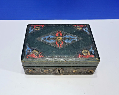 Antique Green Italian Leather Ornate Jewelry Box