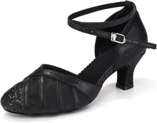Women Ballroom Dance Shoes Sequins Mesh Latin Salsa Performance 9.5, Black