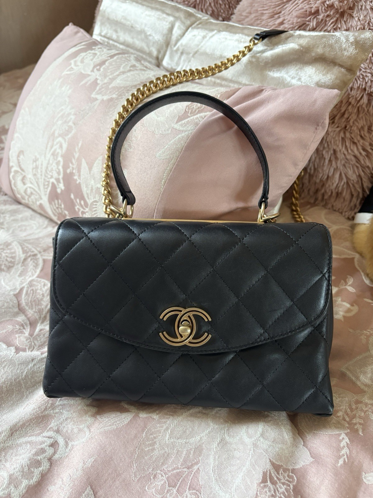 CHANEL Trendy CC Top Handle Bag Small Black Leather