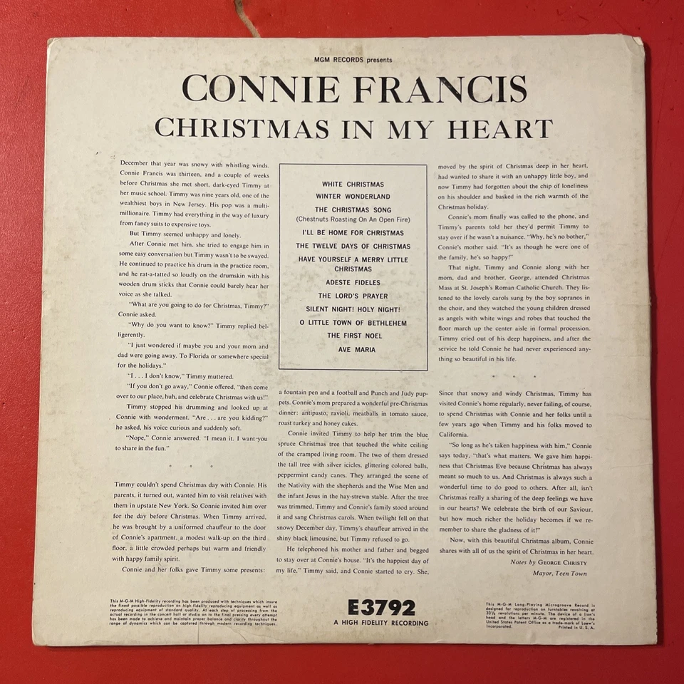 Connie Francis Christmas In My Heart LP MGM Mono 1st Press VG+!!!! - Image 4 of 4