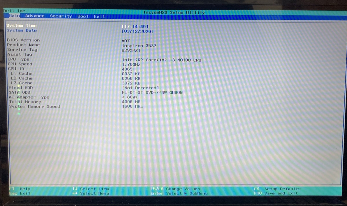 Dell Inspiron 3537 / Intel Core i3-4010U 1.70GHz no RAM/HDD Boot