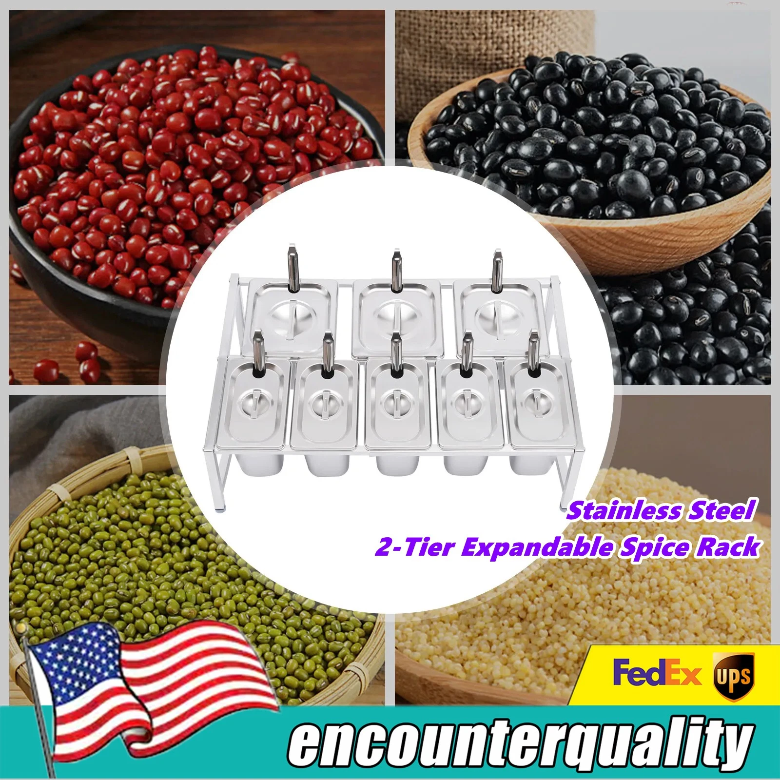 2 Tiers Spice Rack Expandable 13.8"-23.6" Inclined Seasoning Holder with 8 Pans