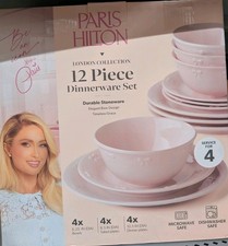 Paris Hilton LONDON COLLECTION 12 Pcs. Pink Dinnerware Bow Set Durable Stoneware