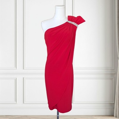 CACHE Red One-Shoulder Cocktail Dress Small Draped Stretch Jersey 