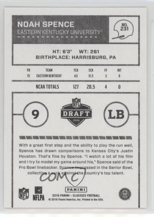 2016 Panini Classics Rookies Timeless Tributes Gold /10 Noah Spence Rookie RC - Image 2 of 2