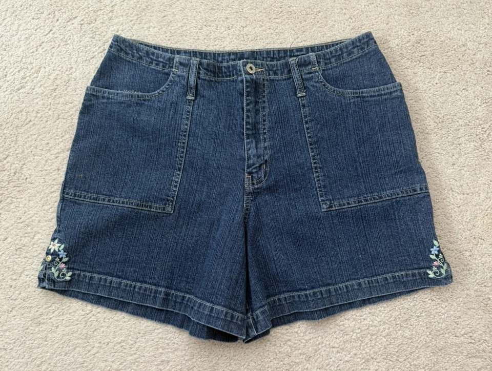 Pantalones Cortos Elastizados Para Mujer Vintage Años 90 L.A. Azul Bordado Floral Talla 16W Foto 2 de 4