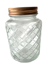 Glass Storage Jars w Copper Tone Tin Screw Lid Lattice Diamond Design- priced ea
