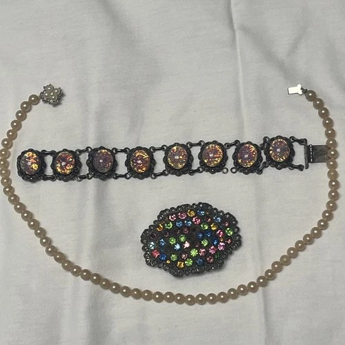 Vintage Costume Jewelry Necklace Bracelet Brooch Rhinestone Silver See Desc.