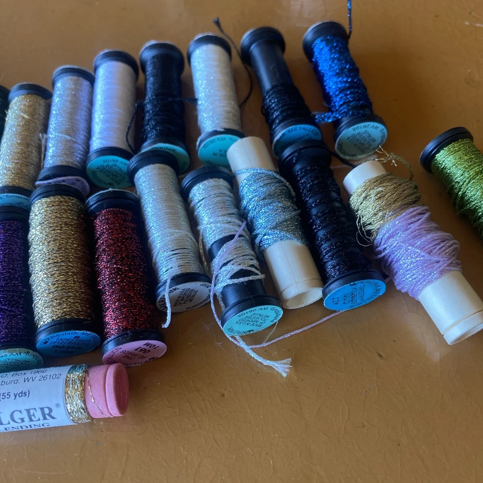 Lot of 29 spools of Kreinik metallic thread gold silver red blue green 8 12 Fine - Image 3 of 3