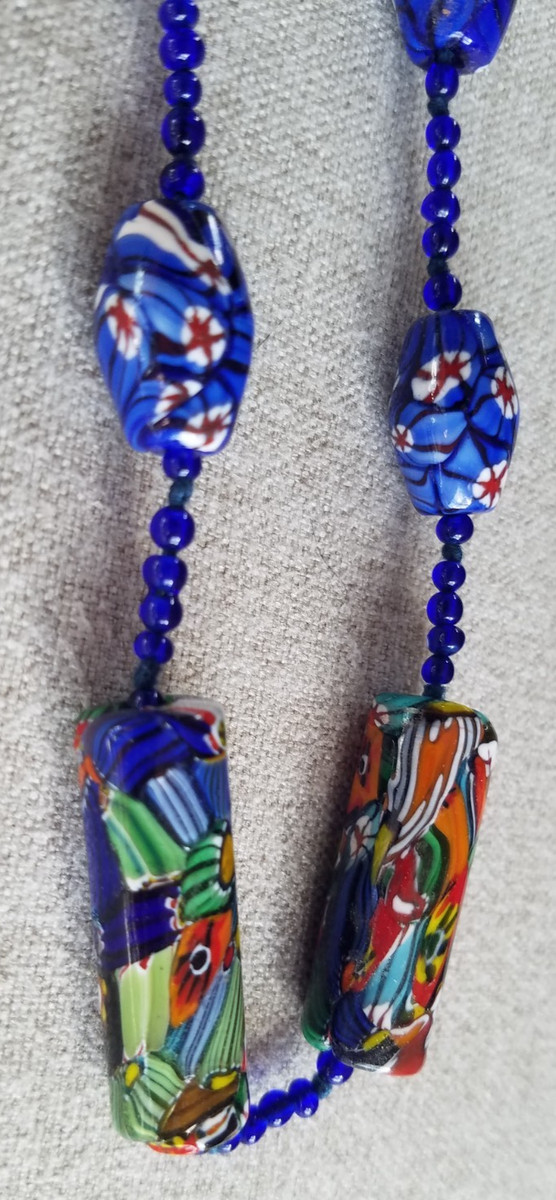 Vintage Venetian Glass Necklace Murano  Dark Blue Millefiori Murano Glass Beads View 3