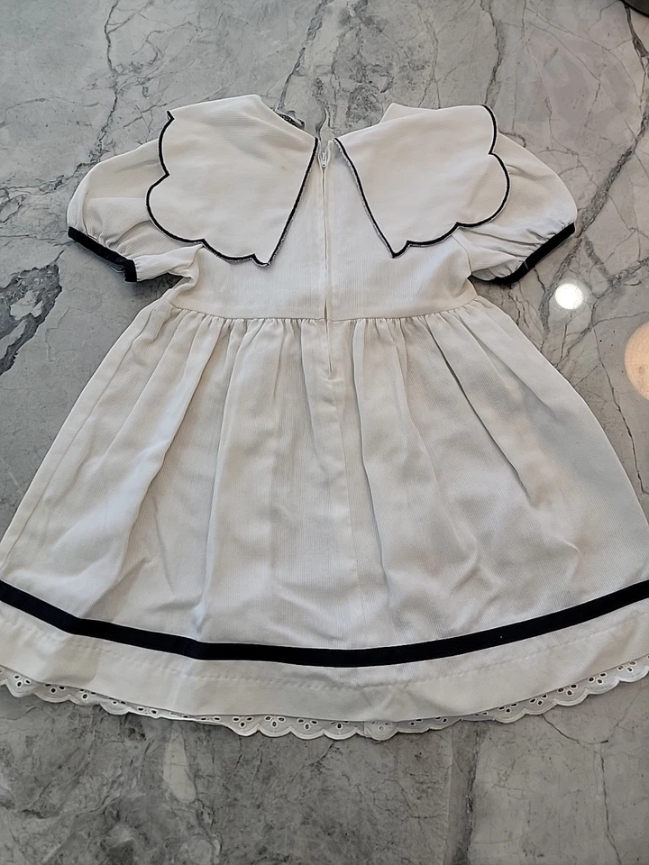 复古水手女孩连衣裙 5 码蓝色白色水手 70 年代垂腰复古 C14 — 第 2/4 张图片