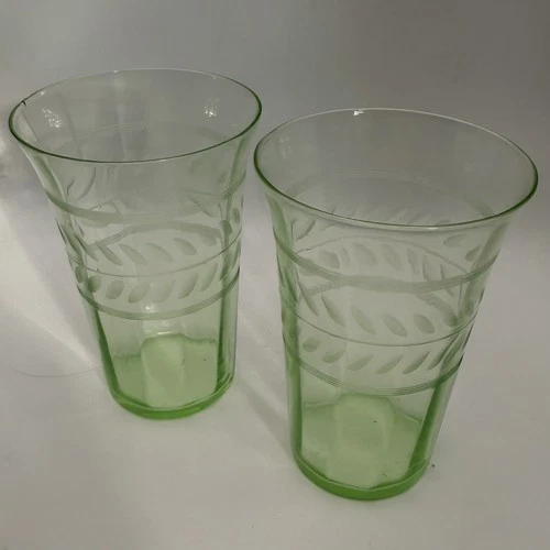 2 Uranium Glass Anchor Hocking Green Etch  Vines Juice Tumblers Rare Pattern Vtg