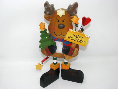 Wood Reindeer Sign Happy Holidays Christmas Greetings Figure
