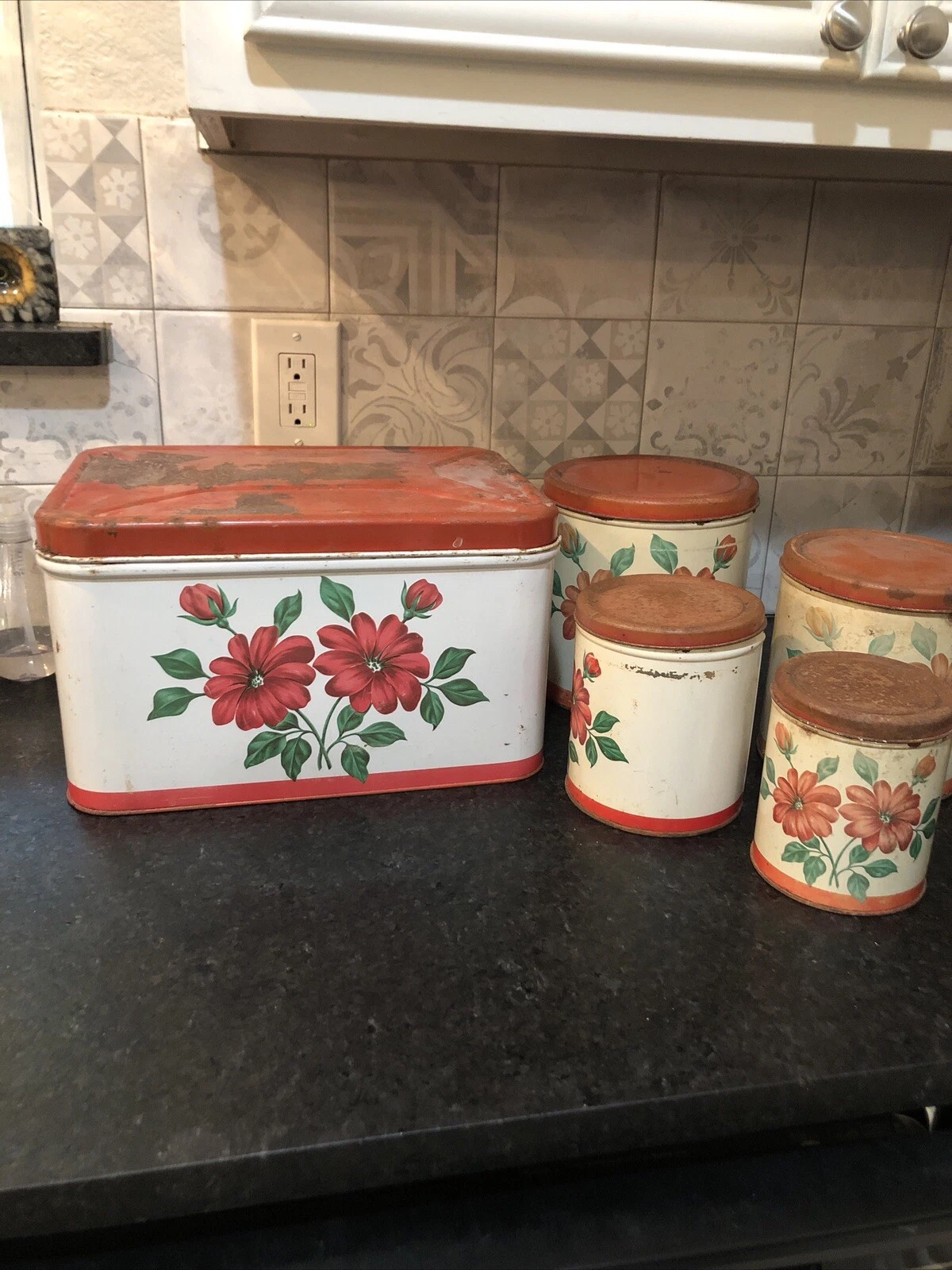 Vintage Rectangle Tin Bread Box with Air Holes Red Floral w four tins