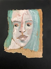 Woman Portrait Painting Original Pale Blue Painterly Naive Wall Art Miz Katie